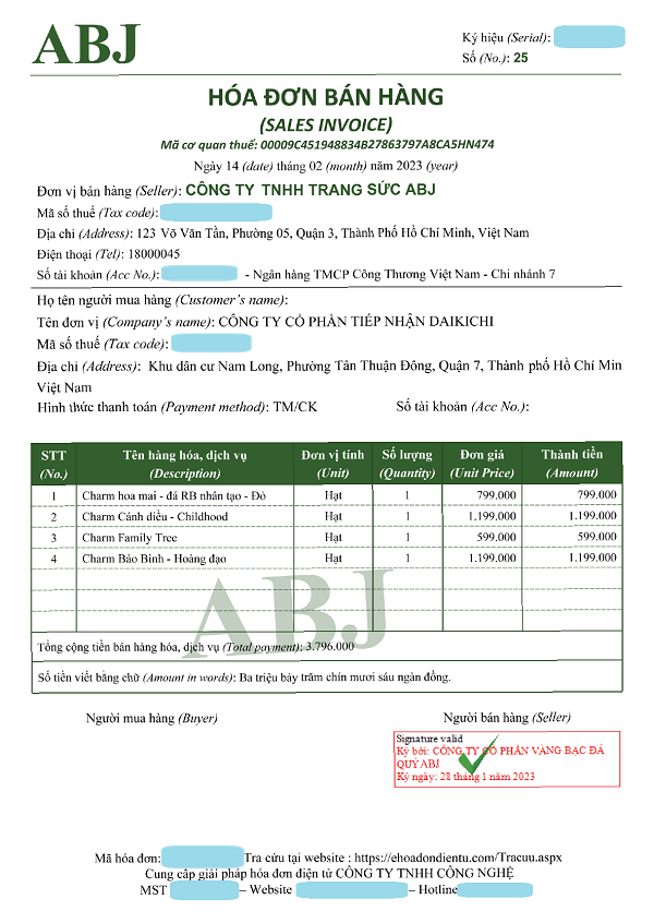 Mẫu hóa đơn điện tử khởi tạo từ máy tính tiền ngành vàng bạc đá quý